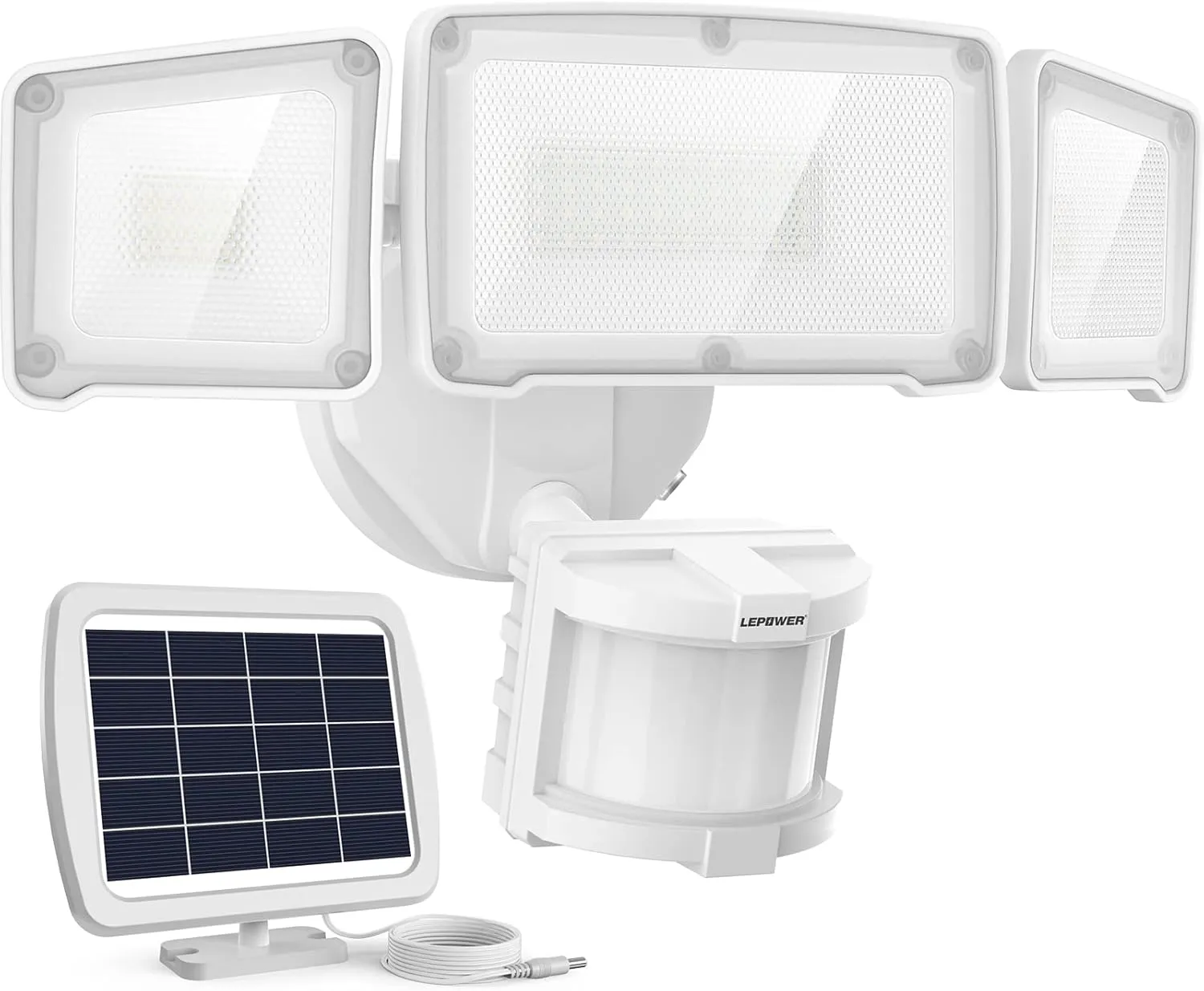 LEPOWER 1600LM LED Solar Security Lights Motion Outdoor, Solar Motion Sensor Light, 5500K White Light IP65 Waterproof Outdoor Flood Solar Light with 3 Adjustable Head for Yard, Garage（White）