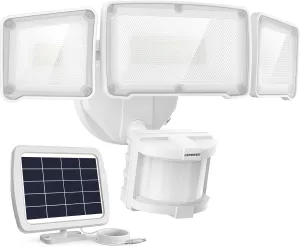 LEPOWER 1600LM LED Solar Security Lights Motion Outdoor, Solar Motion Sensor Light, 5500K White Light IP65 Waterproof Outdoor Flood Solar Light with 3 Adjustable Head for Yard, Garage（White）