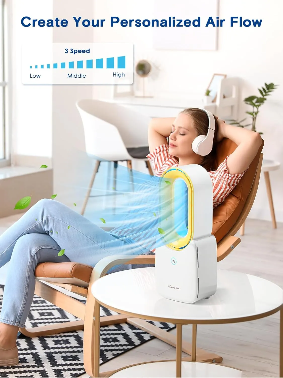 let'me Desk Fan Portable 11.8 inch Bladeless Fan with 5 Colors LED Light, Touch Control, Quiet Table Fan Small Fan for Home, Office Desks, Desktops, Bedroom