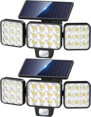 LETMY Solar Lights Outdoor, 3000LM Brighter Lens Motion Sensor Outdoor Lights, 3 Heads Solar Flood Light Outdoors Waterproof, Upgrade Glass Panel, 3 Modes Security Light Motion for Outside Yard 2 Pack