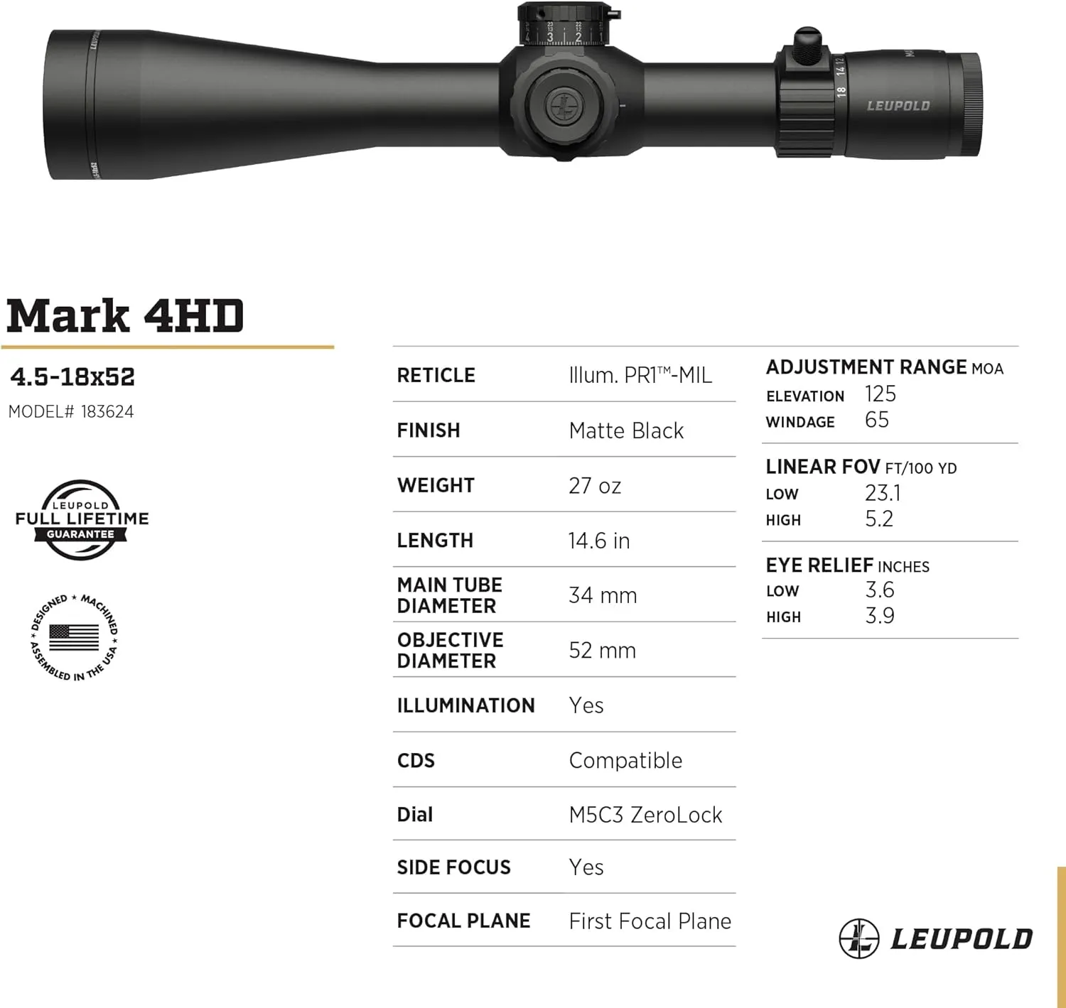 Leupold Mark 4HD 4.5-18x52 (34mm) Riflescope