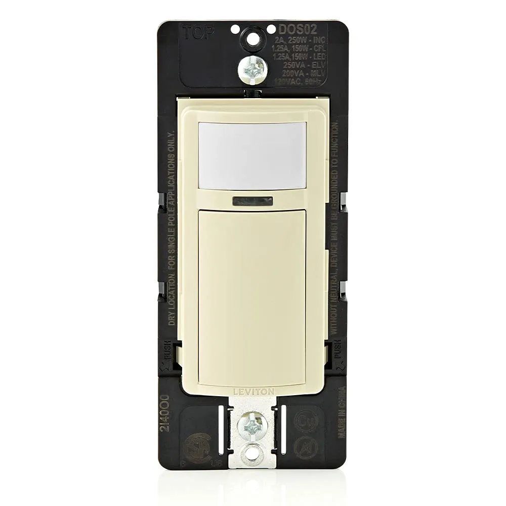 Leviton DOS02-1LI Motion Sensor Light Switch, Motion Activated, Auto-On/Auto-Off or Manual-On, 2A, No Neutral Wire Required, Single Pole, Ivory