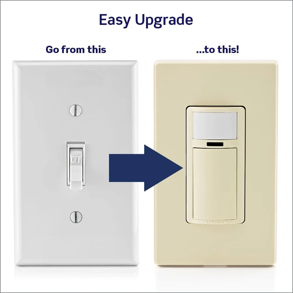 Leviton DOS02-1LI Motion Sensor Light Switch, Motion Activated, Auto-On/Auto-Off or Manual-On, 2A, No Neutral Wire Required, Single Pole, Ivory