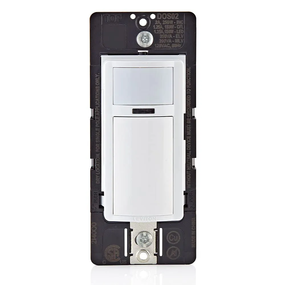 Leviton DOS02-LW Motion Sensor Light Switch, Motion Activated, Auto-On/Auto-Off or Manual-On, 2A, No Neutral Wire Required, Single Pole, White