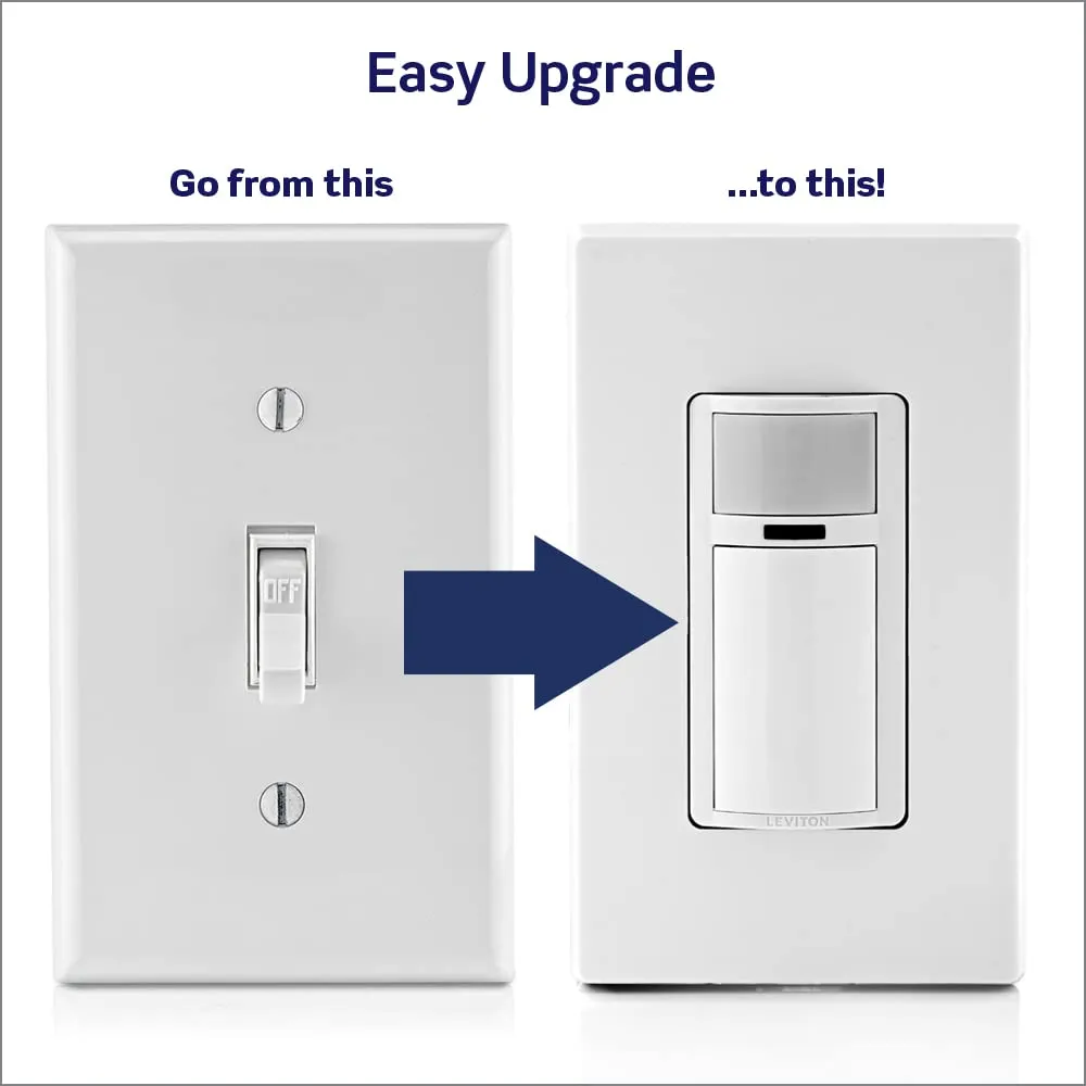 Leviton DOS02-LW Motion Sensor Light Switch, Motion Activated, Auto-On/Auto-Off or Manual-On, 2A, No Neutral Wire Required, Single Pole, White