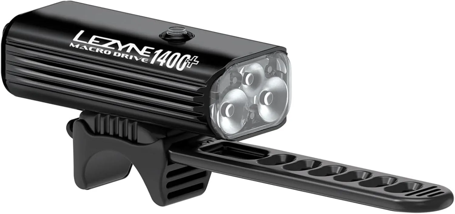 LEZYNE Macro Drive Bicycle USB Rechargeable IPX7 Waterproof 3 White LED Tri-Focus Optics Front Light w/ 4 Solid & 3 Flash Modes | Silicone Rubber Mounting Strap - 1400/1300 Lumens Options