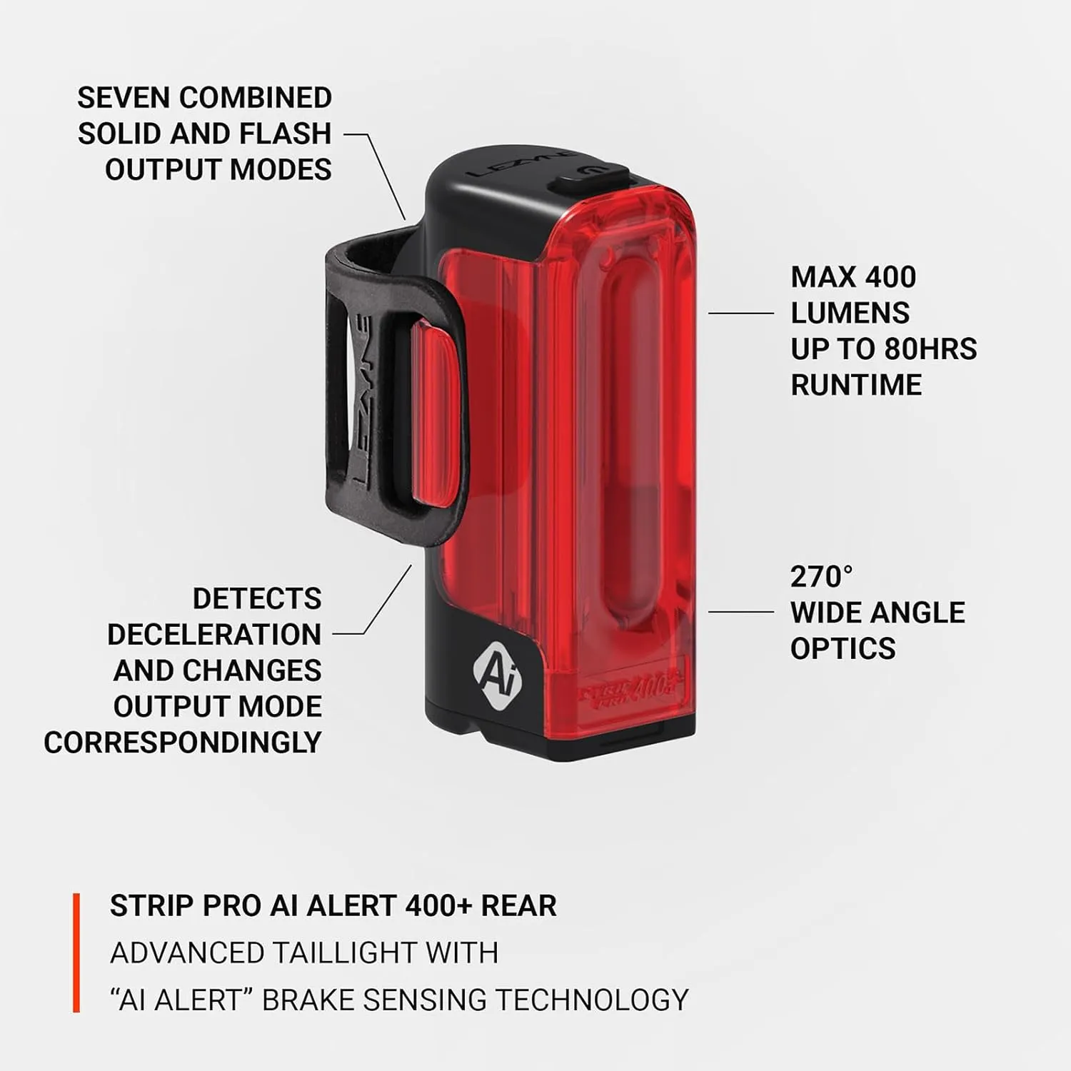 LEZYNE Strip Drive Pro Alert Rear - Bicycle USB Rechargeable Durable Weather-Resistant IPX7 White LED Tail Light with Solid & Flash Modes | Includes Silicone Rubber Mounting Strap | 300/400 Lumens