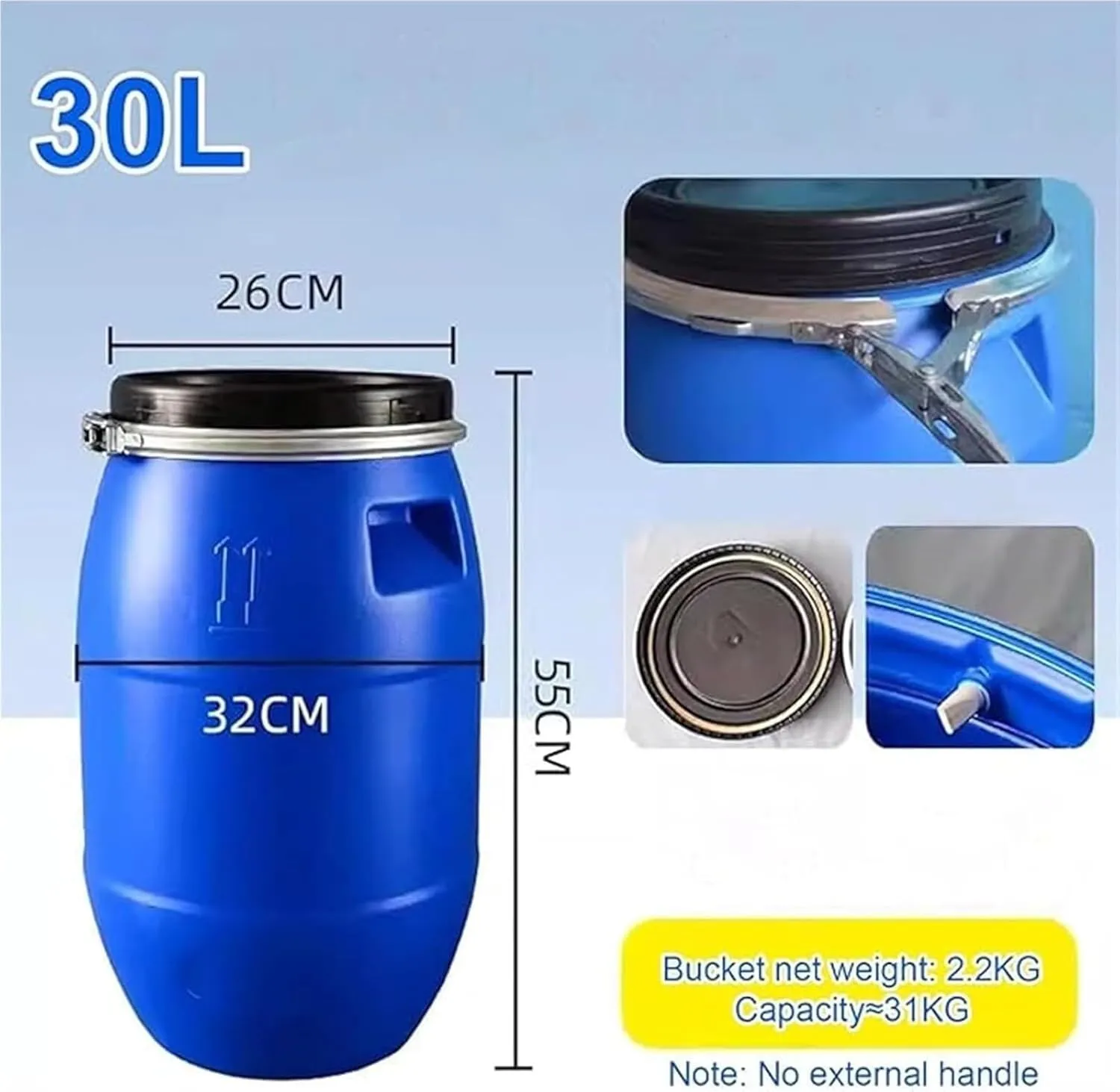 LICOME Large Plastic Blue Open Top Storage Barrel Drum Keg with Lid and Latch Ring,Food Grade for Shipping,Air Tight Industrial Storage Container