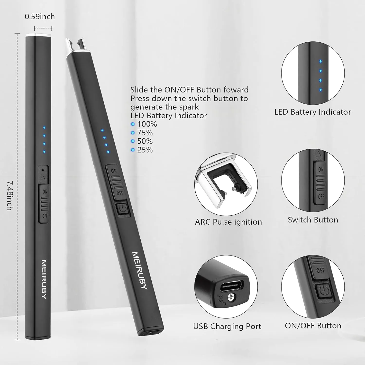 Lighter Electric Candle Lighter Long Electronic Rechargeable USB Arc Windproof Flameless Lighters for Candle Camping BBQ Birthday Women's Day Gifts for Women Mom Wife Men, Balck