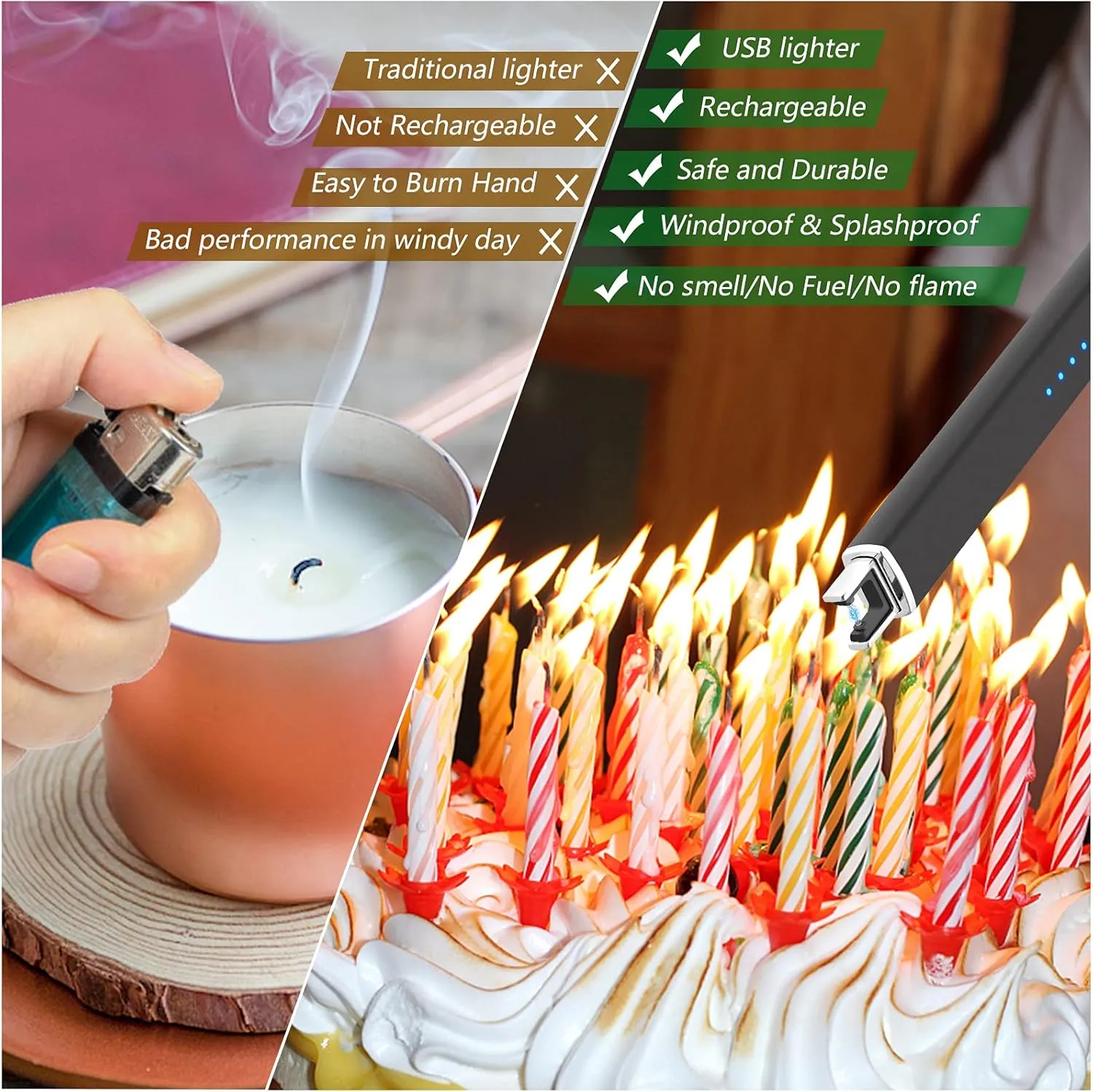 Lighter Electric Candle Lighter Long Electronic Rechargeable USB Arc Windproof Flameless Lighters for Candle Camping BBQ Birthday Women's Day Gifts for Women Mom Wife Men, Balck