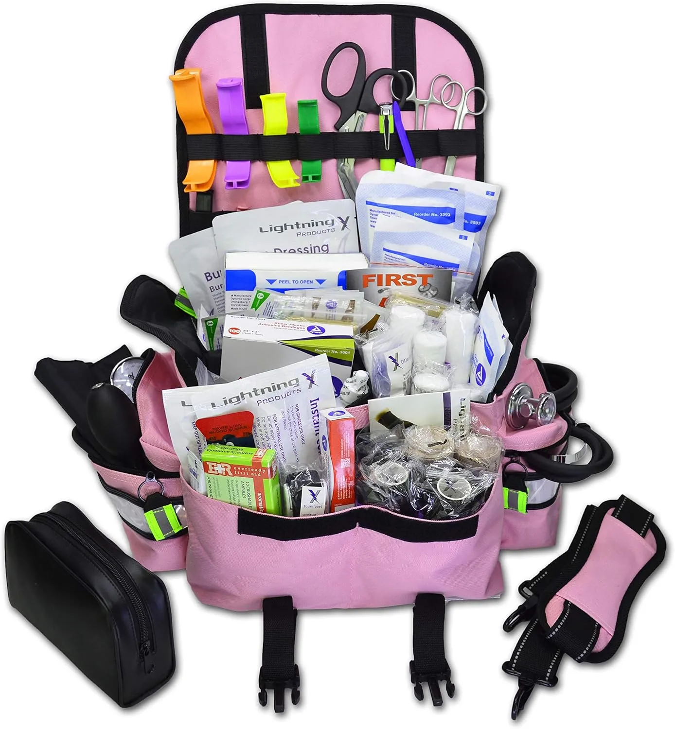 Lightning X Small First Responder EMT EMS Trauma Bag Stocked First Aid Fill Kit B (Pink)