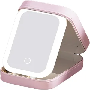 Lightweight travel makeup mirror, LED adjustable makeup mirror, three-color lighting makeup case, rechargeable desktop makeup mirror, makeup case with light mirror (Pink), WSW79