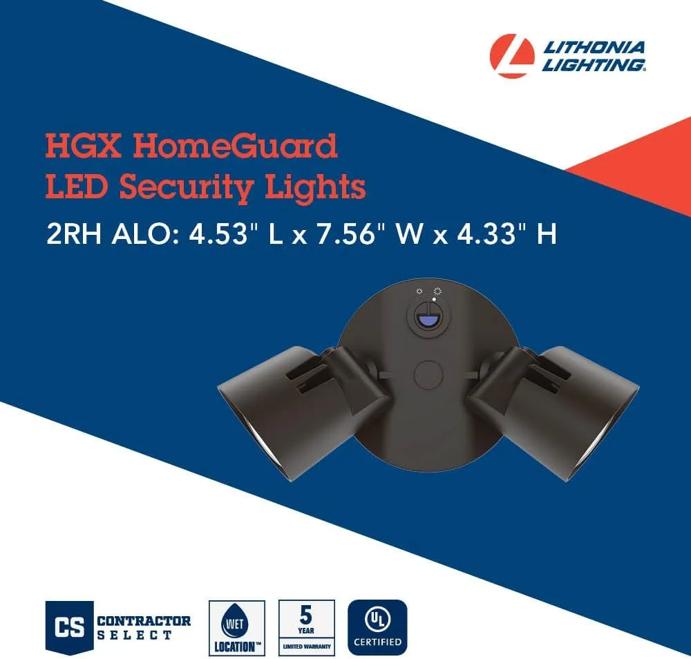 Lithonia Lighting HGX LED 2RH ALO 40K 120 PE DDB M2 HomeGuard Security Flood Lights 1750-2750 Lumens, 2-Light, Photocell Sensor, Dark Bronze