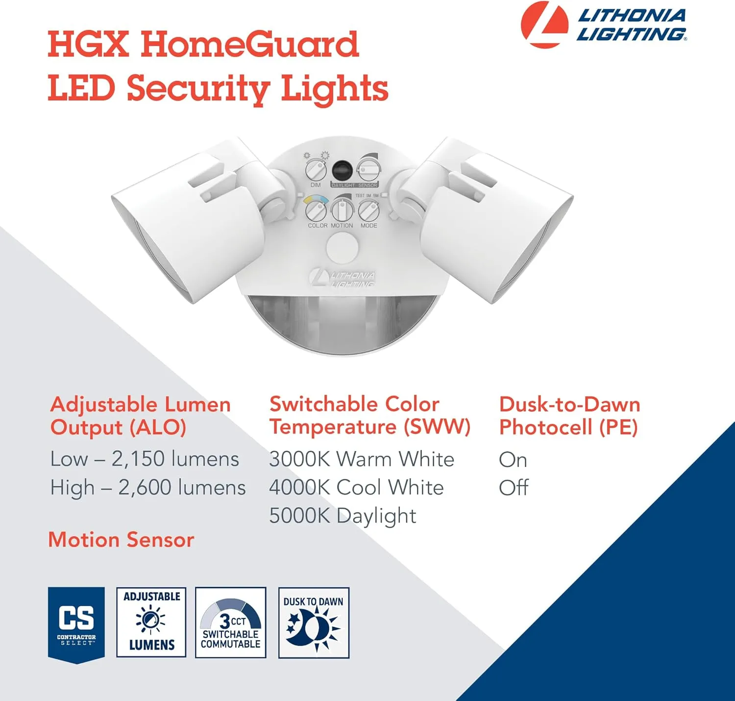 Lithonia Lighting HGX LED 2RH ALO SWW2 120 PIR WH M2 HomeGuard Security Flood Lights 2150-2600 Lumens, 2-Light, Photocell Sensor and Motion Detection, White