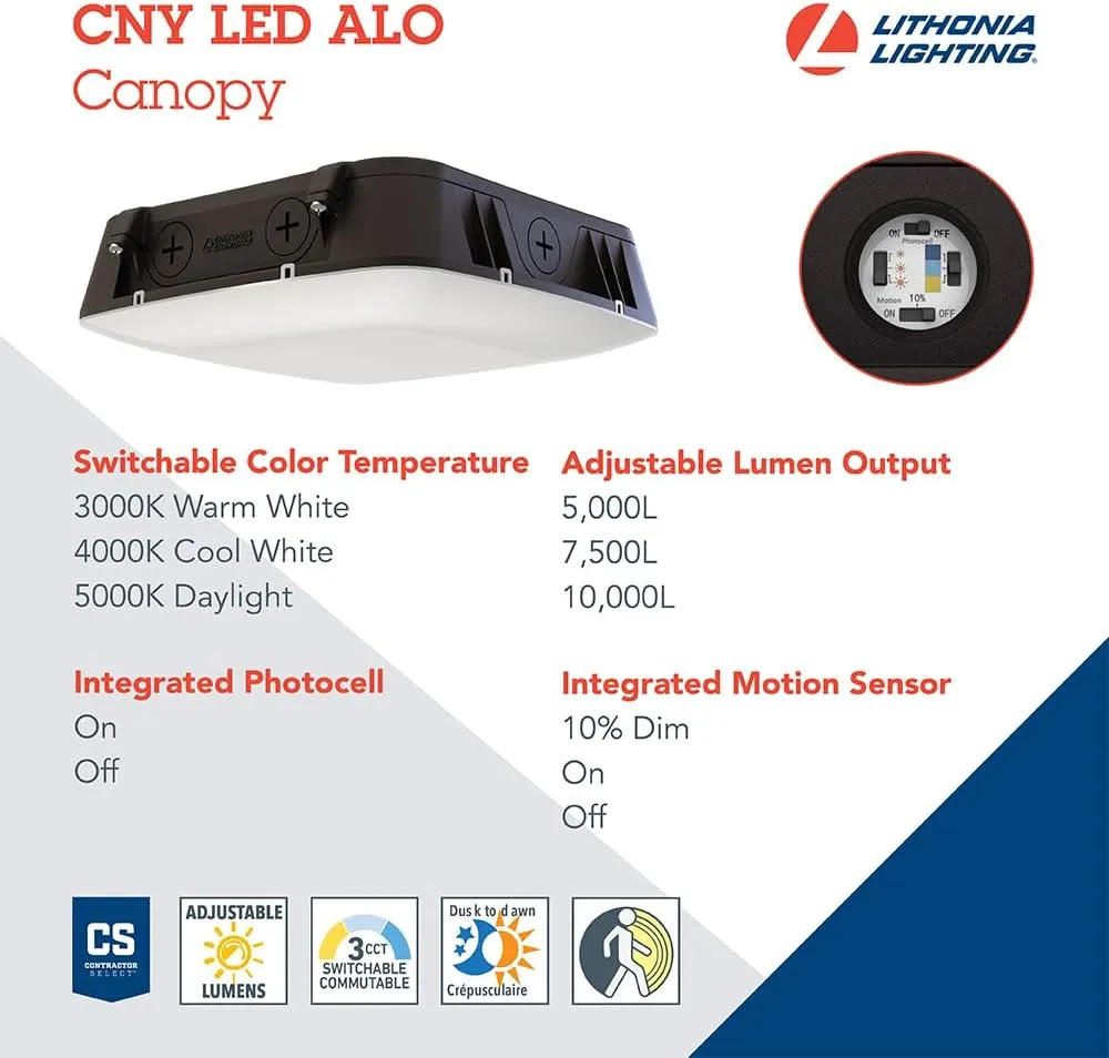 Lithonia Lighting Outdoor LED Canopy Light with Adjustable Lumen Output, Switchable Color Temperature 3000K/4000K/5000K, Photocell and Motion Sensor, Dark Bronze (CNY LED ALO SWW2 UVOLT PE PIR DDB M2)