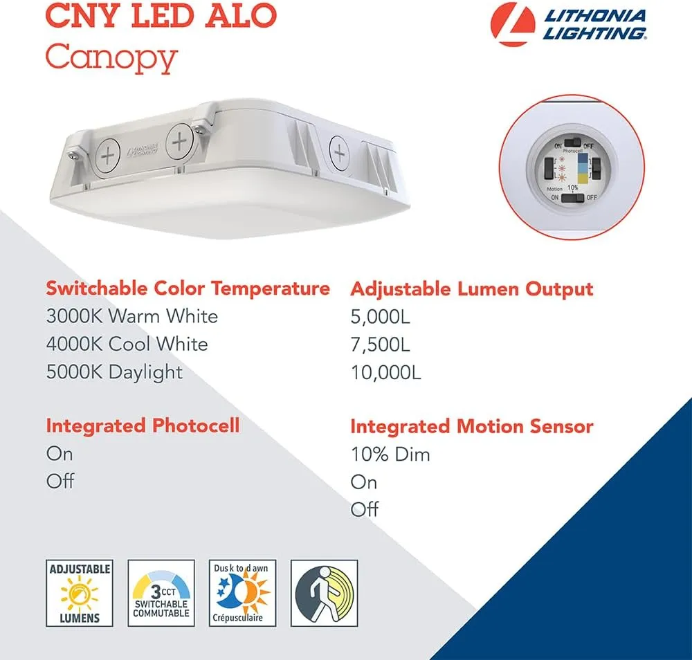 Lithonia Lighting Outdoor LED Canopy Light with Adjustable Lumen Output,Switchable Color Temperature 3000K/4000K/5000K, Photocell and Motion Sensor, White (CNY LED ALO SWW2 UVOLT PE PIR WH M2)