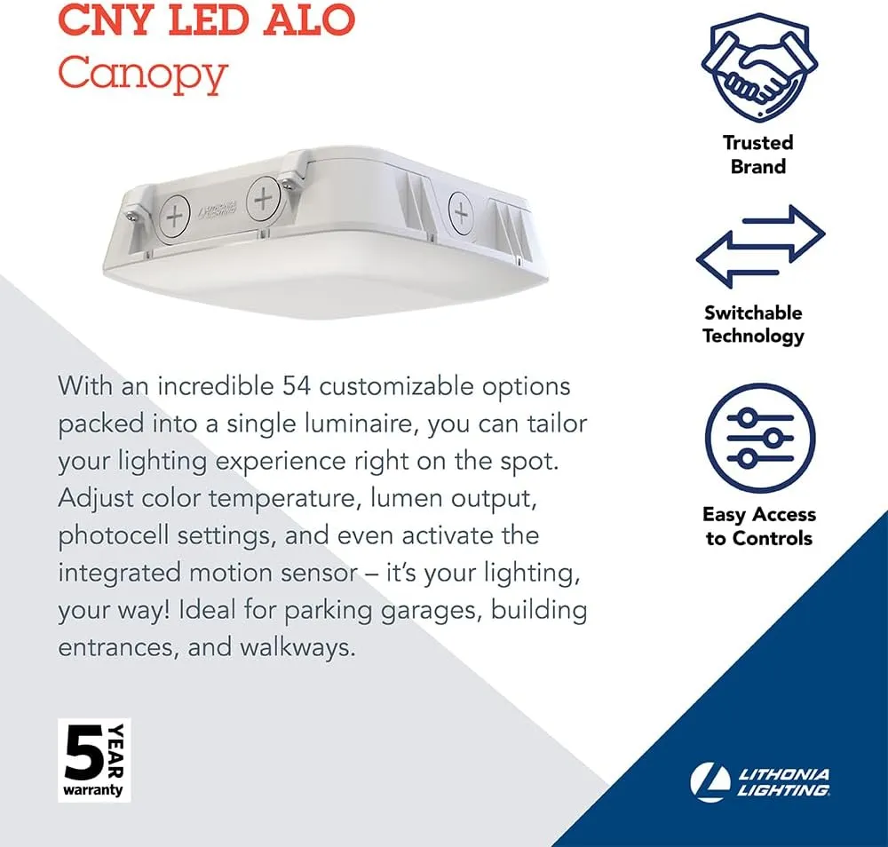 Lithonia Lighting Outdoor LED Canopy Light with Adjustable Lumen Output,Switchable Color Temperature 3000K/4000K/5000K, Photocell and Motion Sensor, White (CNY LED ALO SWW2 UVOLT PE PIR WH M2)