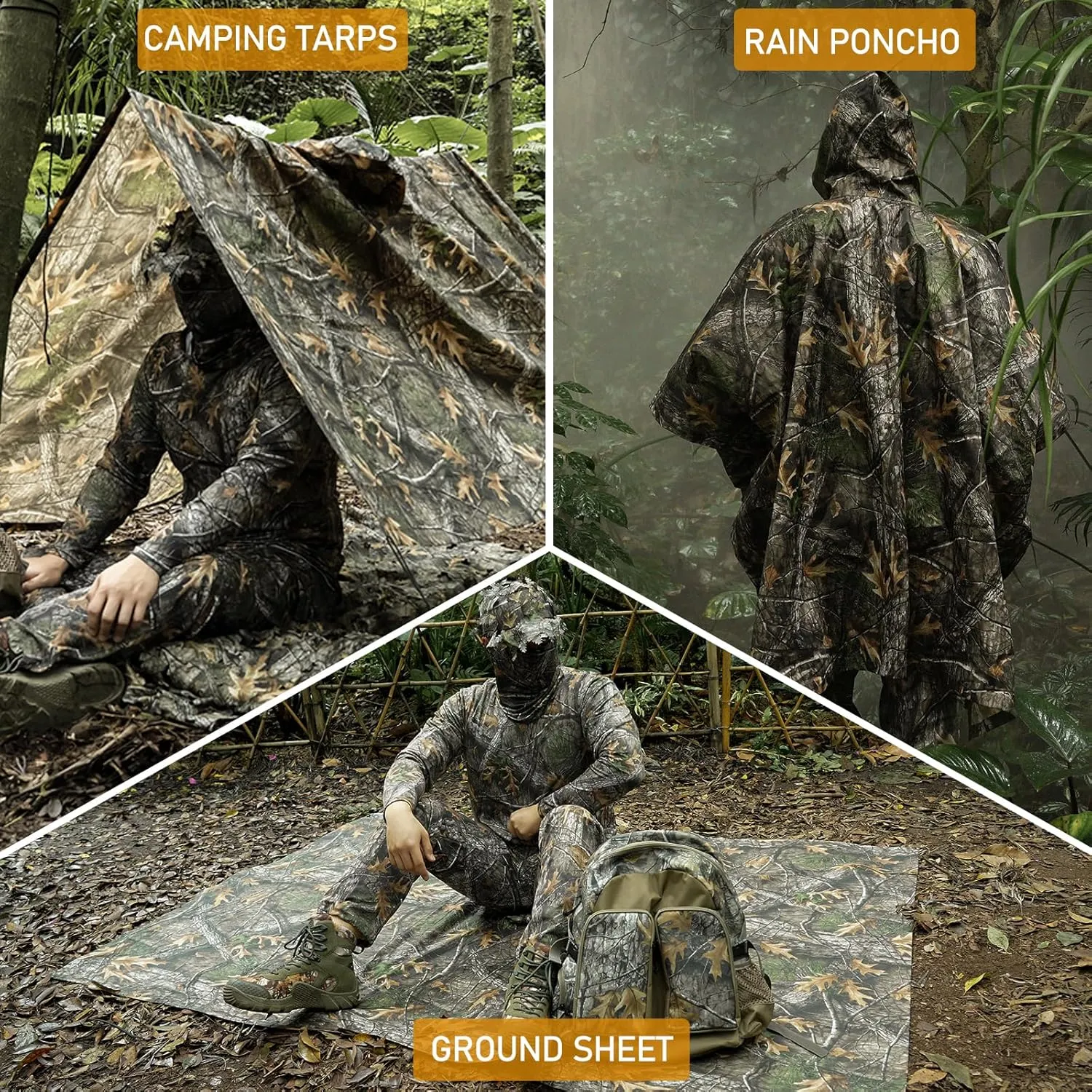 LOOGU Rain Poncho Waterproof Hooded Rain Coat Multi-Use Camo Shelter Ground Sheet for Hunting Camping Hiking