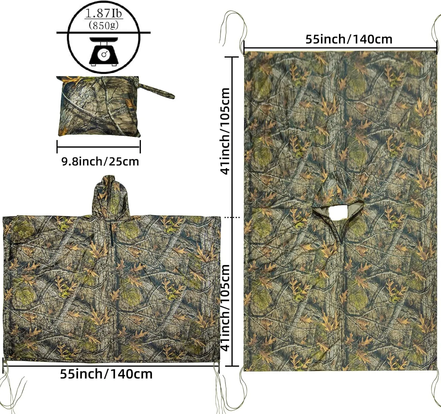 LOOGU Rain Poncho Waterproof Hooded Rain Coat Multi-Use Camo Shelter Ground Sheet for Hunting Camping Hiking