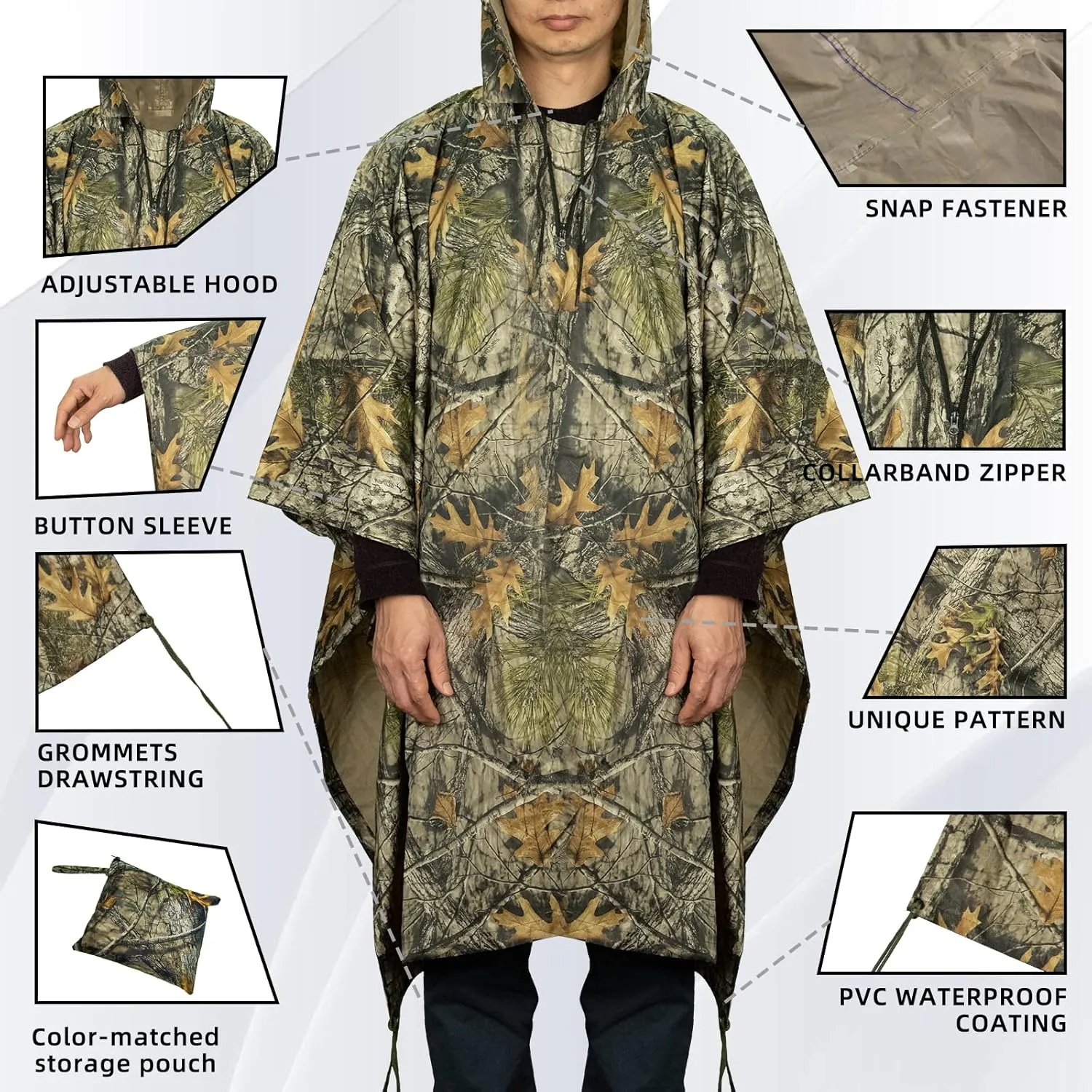 LOOGU Rain Poncho Waterproof Hooded Rain Coat Multi-Use Camo Shelter Ground Sheet for Hunting Camping Hiking