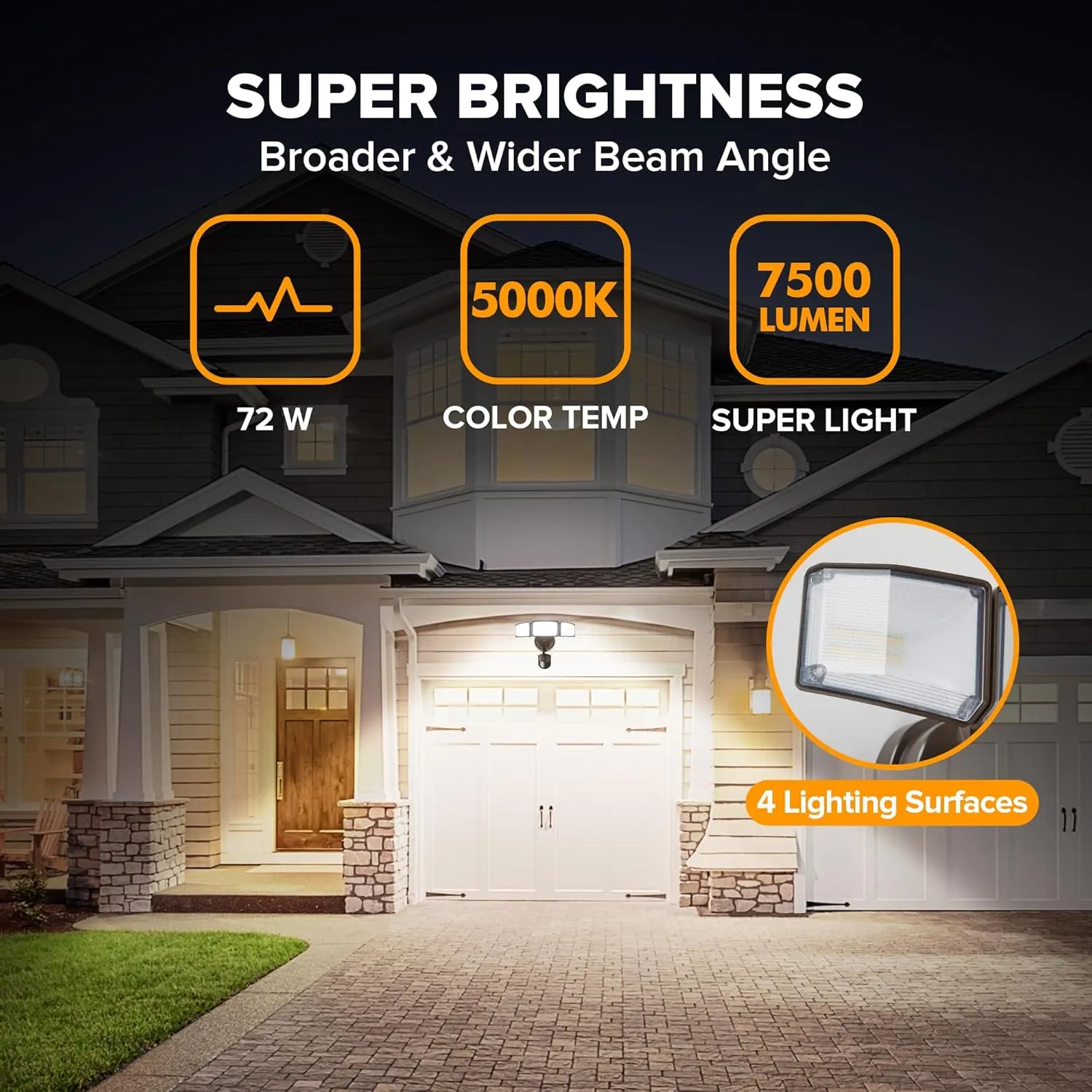 LUTEC 72W 7500LM LED Security Lights Motion Sensor Light Outdoor, 5000K Daylight, IP65 Waterproof, Dusk to Dawn, 3-Head Motion Detected Flood Light for Garage, Yard, Porch(Brown)