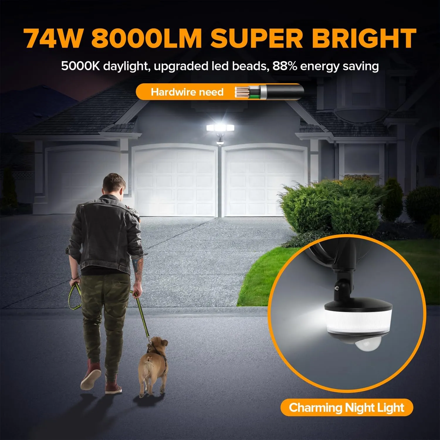 LUTEC 74W 8000 Lumen Motion Sensor Outdoor Lights, 5000K Daylight, IP65 Waterproof Flood Lights Outdoor with Night Light, Dusk to Dawn Motion Detector LED Security Light for Outside Garage, Yard-Black