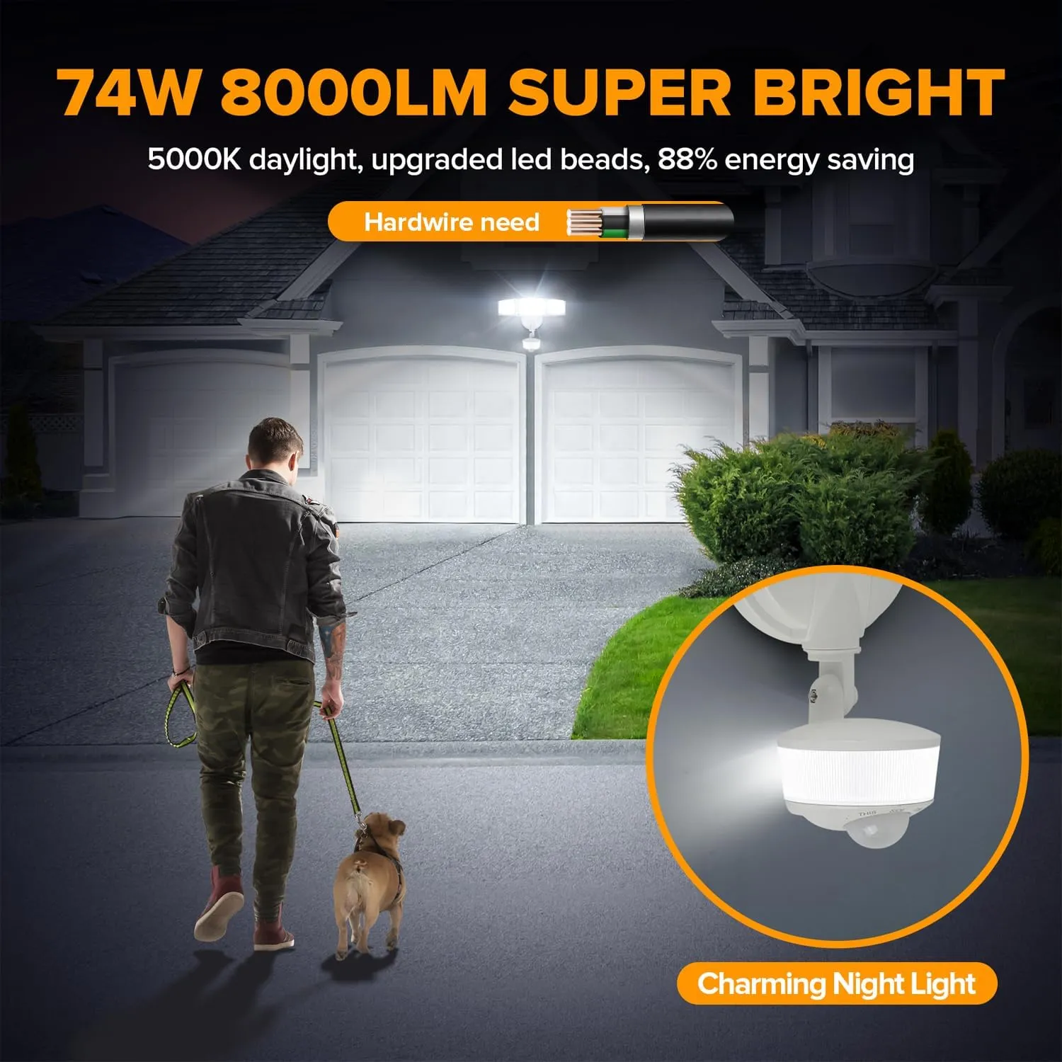 LUTEC 74W 8000 Lumen Motion Sensor Outdoor Lights, 5000K Daylight, IP65 Waterproof Flood Lights Outdoor with Night Light, Dusk to Dawn Motion Detector Security Lights for Outside Garage, Yard-White