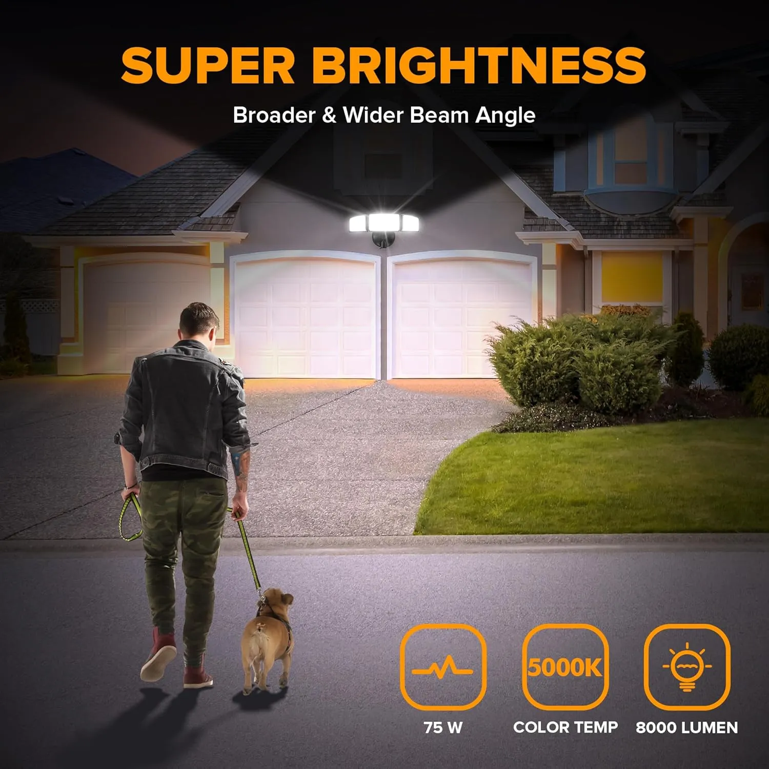 LUTEC 75W 8000 Lumen Floods Light Outdoor, Switch Controlled LED Security Lights with 3 Adjustable Heads, 5000K Daylight, IP65 Waterproof Exterior Flood Light for Outside Garage, Yard, Patio-Black