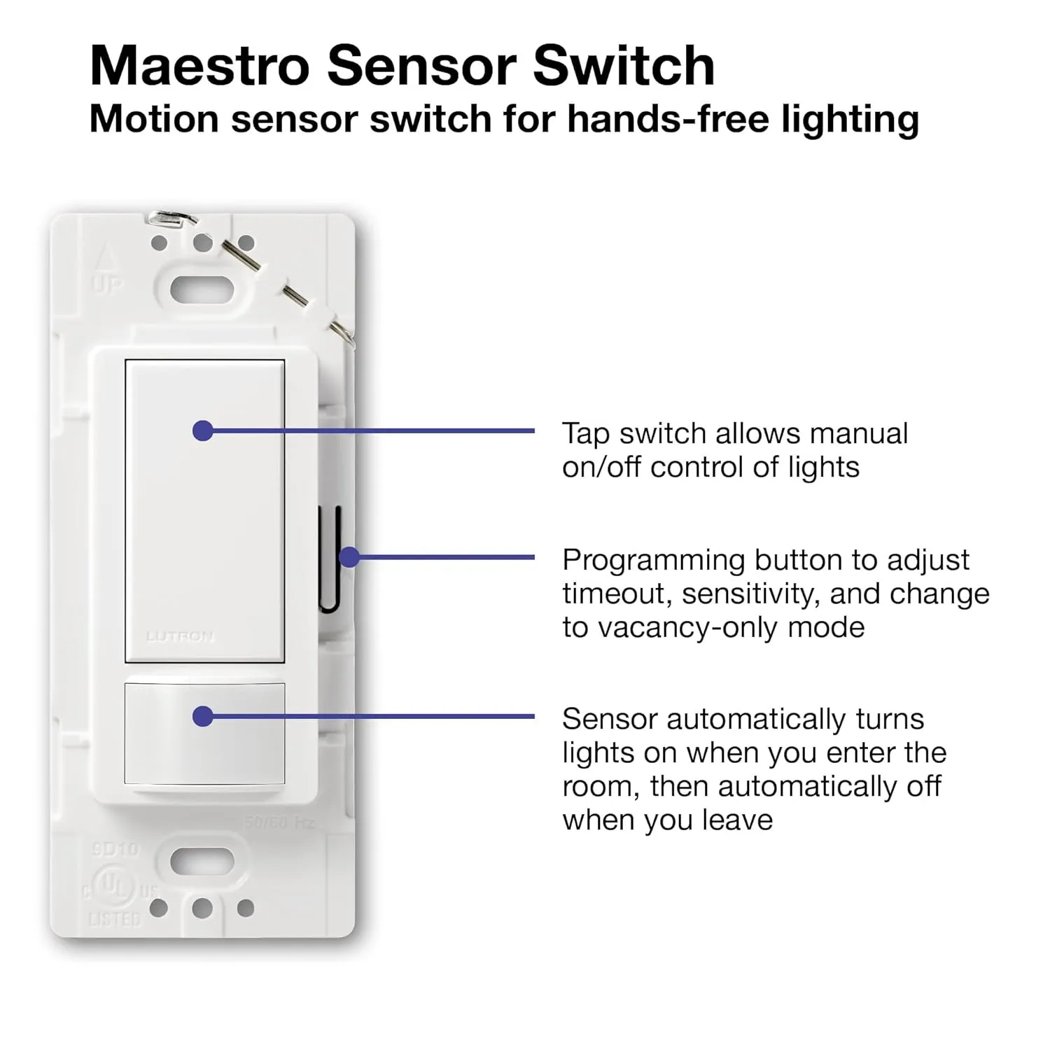 Lutron Maestro Motion Sensor Light Switch Indoor for Bathroom, Garage, Laundry Room, Any Bulbs, Occupancy Vacancy Sensor, Single-Pole, MS-OPS2-WH, White