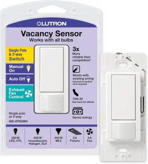 Lutron Maestro Vacancy Motion Sensor Light Switch for Bathroom, Garage, Laundry Room, and Closet, for Any Light Bulbs, Vacancy Sensor Only, Single-Pole Only, No Neutral Required, MS-VPS5MH-WH, White