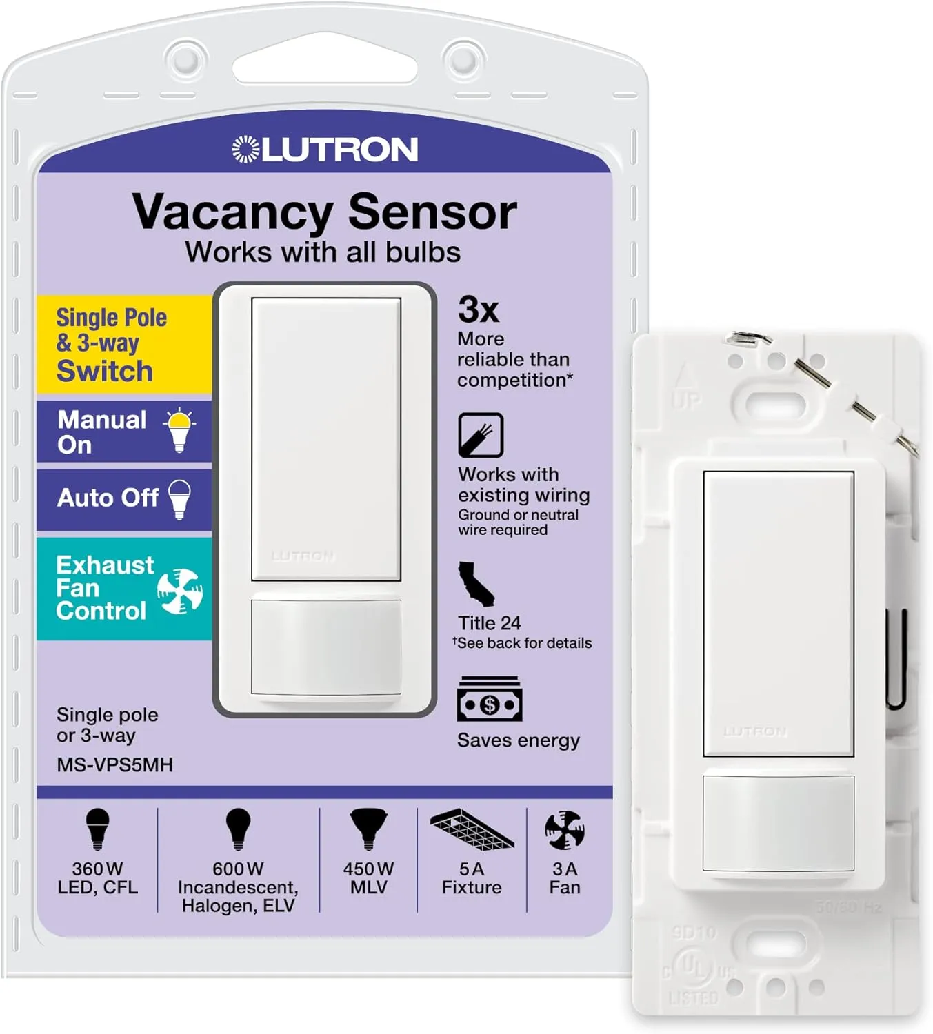 Lutron Maestro Vacancy Motion Sensor Light Switch for Bathroom, Garage, Laundry Room, and Closet, for Any Light Bulbs, Vacancy Sensor Only, Single-Pole Only, No Neutral Required, MS-VPS5MH-WH, White