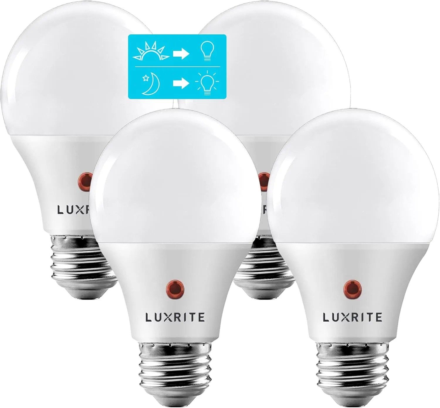 LUXRITE A19 LED Dusk to Dawn Light Bulbs Outdoor Lighting, 60 Watt Equivalent, Enclosed Fixture Rated, Automatic On Off Sensor, 5000K Bright White, 800 Lumens, Damp Rated, E26 Base (4 Pack)
