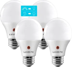 LUXRITE A19 LED Dusk to Dawn Light Bulbs Outdoor Lighting, 60 Watt Equivalent, Enclosed Fixture Rated, Automatic On Off Sensor, 5000K Bright White, 800 Lumens, Damp Rated, E26 Base (4 Pack)