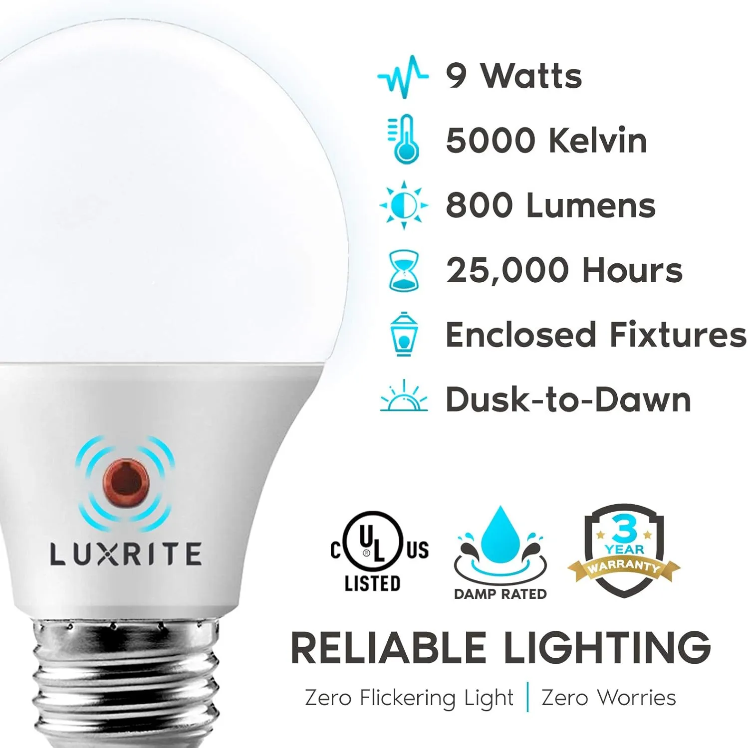 LUXRITE A19 LED Dusk to Dawn Light Bulbs Outdoor Lighting, 60 Watt Equivalent, Enclosed Fixture Rated, Automatic On Off Sensor, 5000K Bright White, 800 Lumens, Damp Rated, E26 Base (4 Pack)