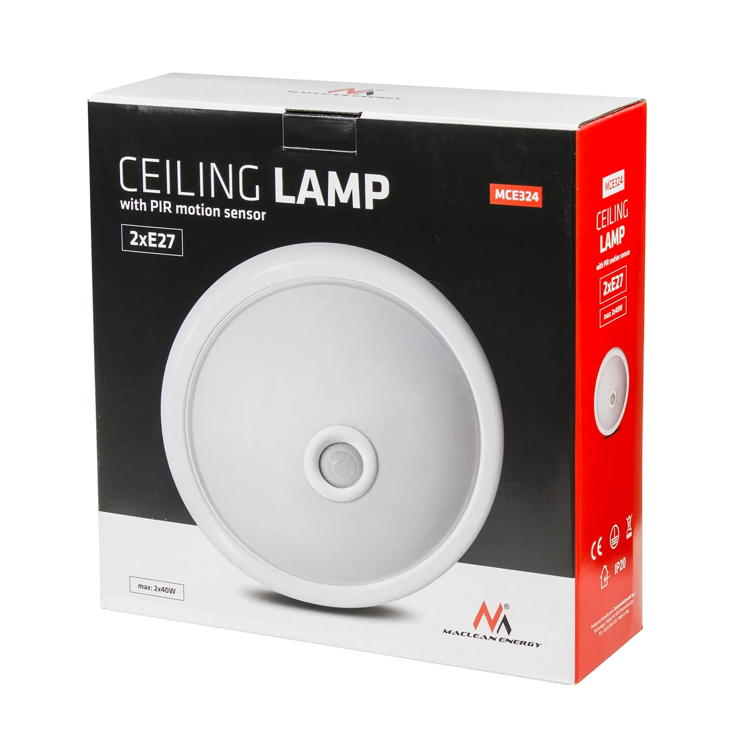 Maclean PIR sensor plafond, ceiling mounted, with LED light source, 2x max. 40W, E27, 220-240V~ 50/60Hz, MCE324   2xMCE283
