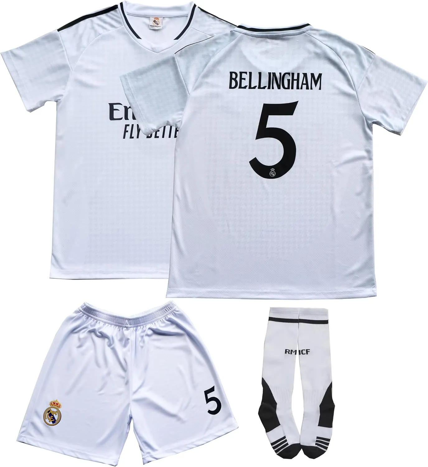 Madrid Home New Bellingham No #5 Kids Soccer Jersey Kit Shorts Socks Set Youth Sizes