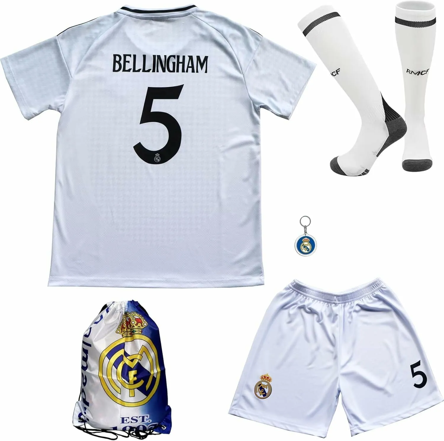 Madrid Home New Bellingham No #5 Kids Soccer Jersey Kit Shorts Socks Set Youth Sizes