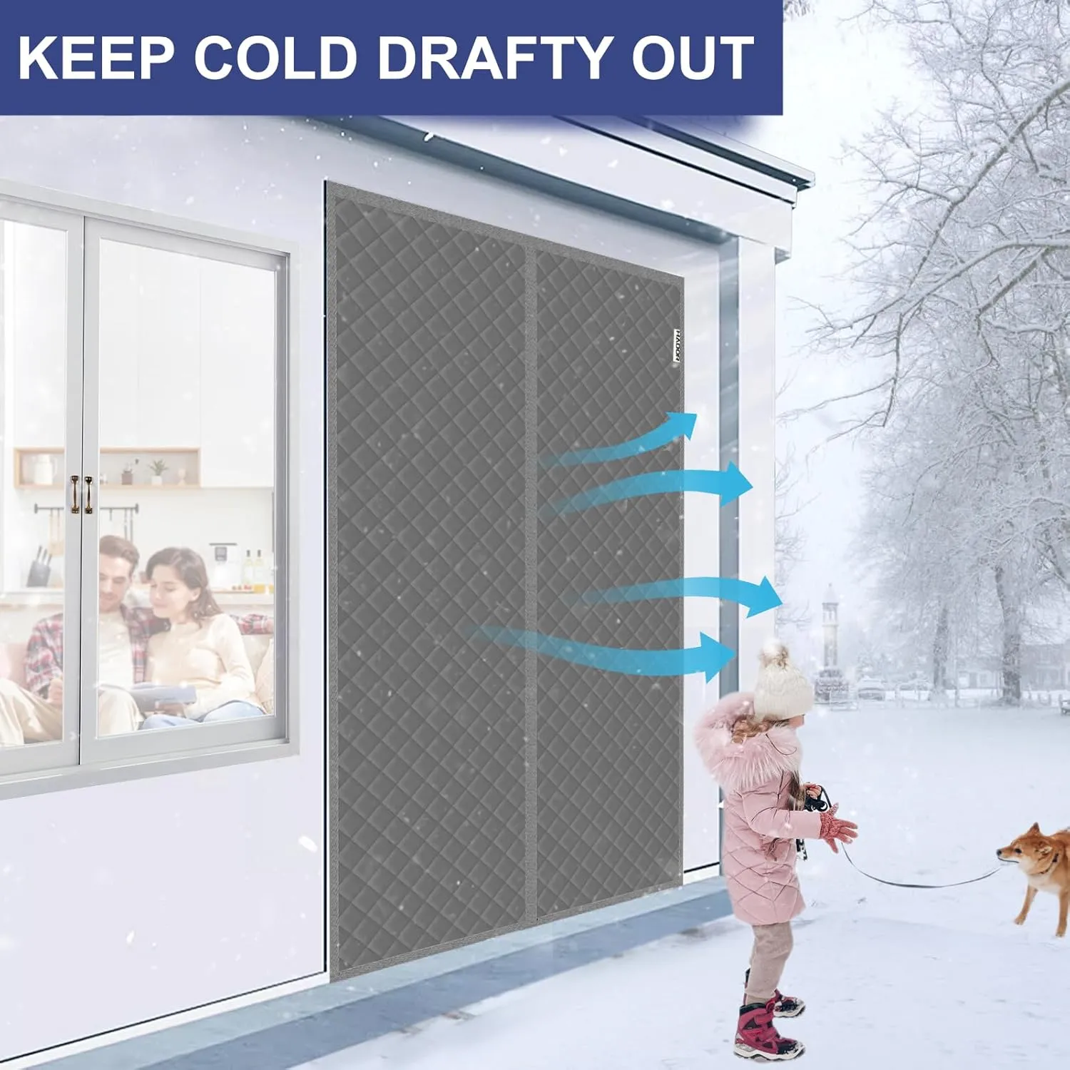 Magnetic Thermal Insulated Door Curtain Fit Door Size 72" x 80", Quilted Oxford Fabric Thicken Cotton Fill, Winter Cover Keep Cold Draft Out, Blanket Insulation for Front Patio Doors Gray