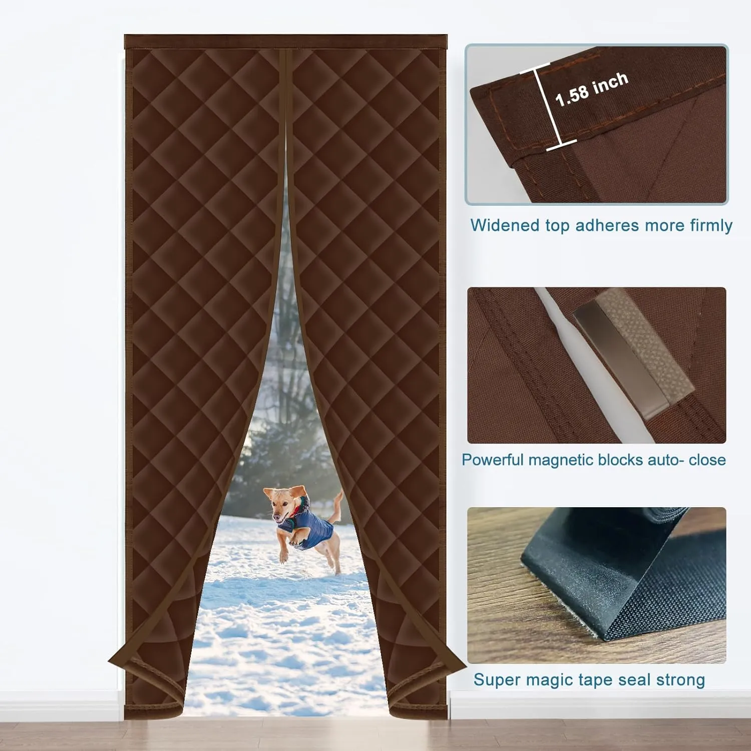 Magnetic Thermal Insulated Door Curtain Fits Door Size 32 x 80 Inch, Insulation Cover for Cold, Oxford Cloth Thicken Cotton Filled Blanket for Front Back Attic Door in Winter, Brown