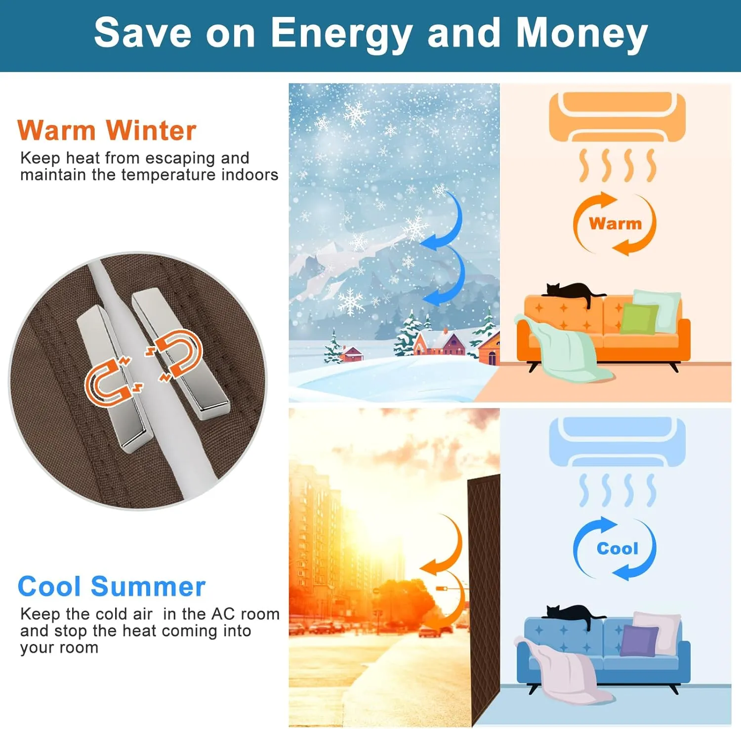 Magnetic Thermal Insulated Door Curtain Fits Door Size 32 x 80 Inch, Insulation Cover for Cold, Oxford Cloth Thicken Cotton Filled Blanket for Front Back Attic Door in Winter, Brown