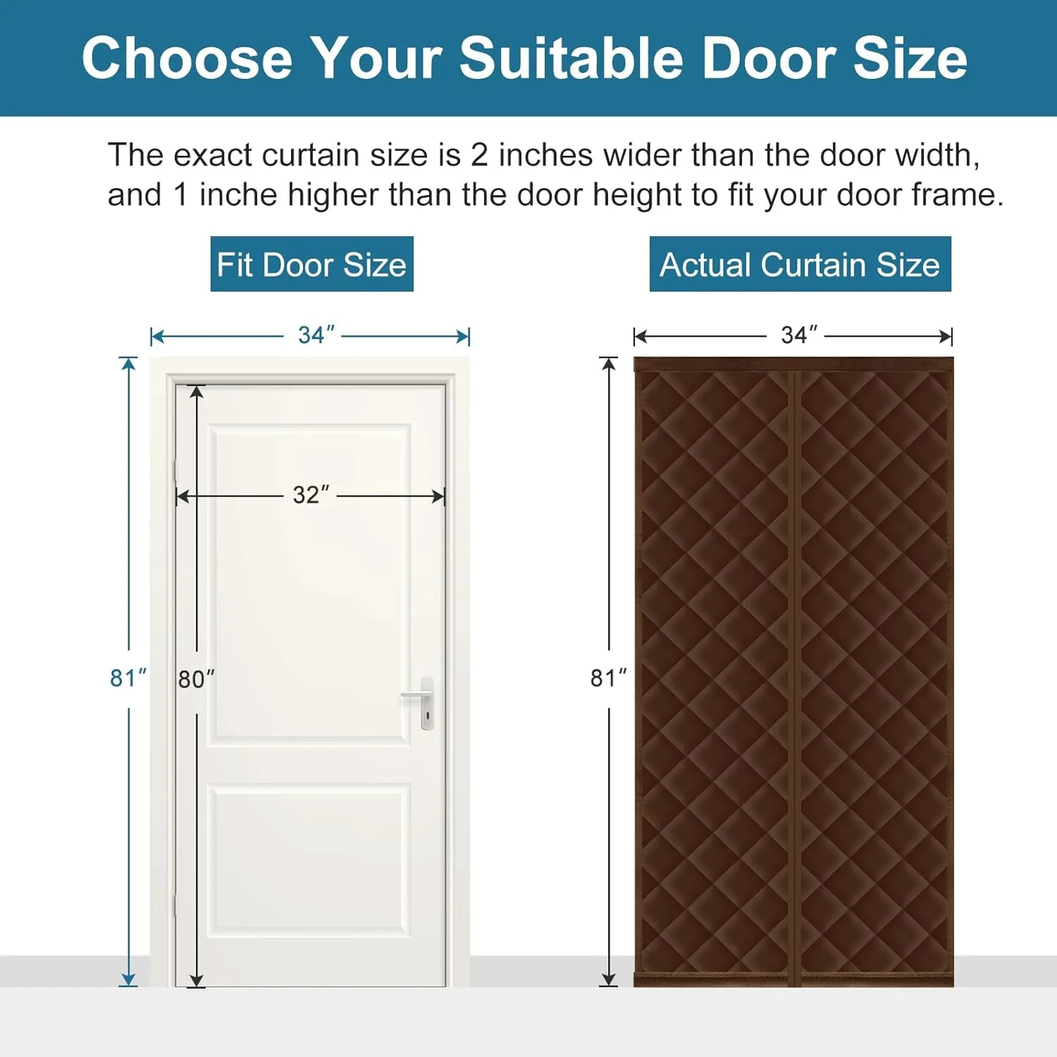 Magnetic Thermal Insulated Door Curtain Fits Door Size 32 x 80 Inch, Insulation Cover for Cold, Oxford Cloth Thicken Cotton Filled Blanket for Front Back Attic Door in Winter, Brown