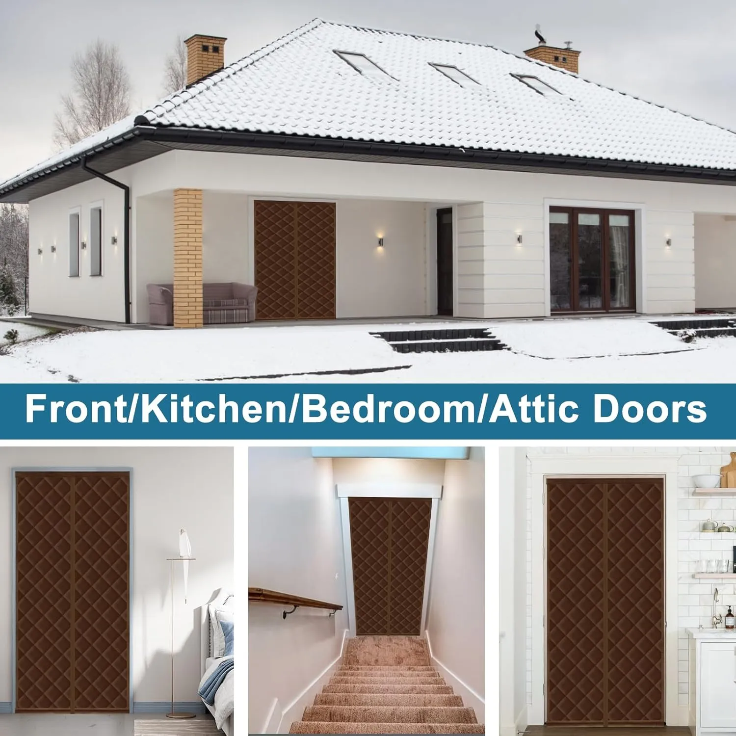 Magnetic Thermal Insulated Door Curtain Fits Door Size 32 x 80 Inch, Insulation Cover for Cold, Oxford Cloth Thicken Cotton Filled Blanket for Front Back Attic Door in Winter, Brown