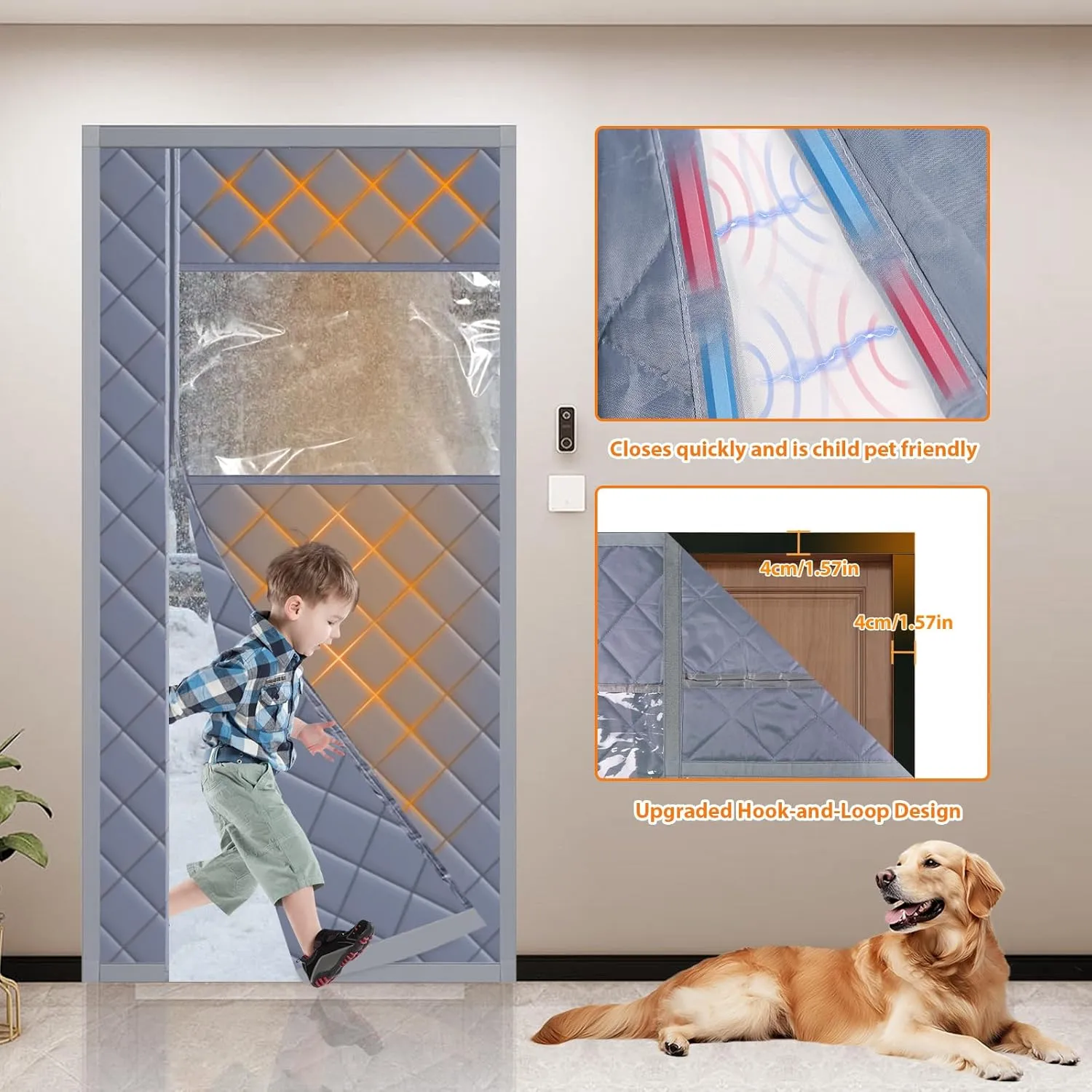 Magnetic Thermal Insulated Door Curtain Fits Door Size 38" X 82" Blanket Insulation Cover Oxford Cloth Thicken Cotton to Keep House Warm to Soundproof, Side Opening (with Visible Panels)