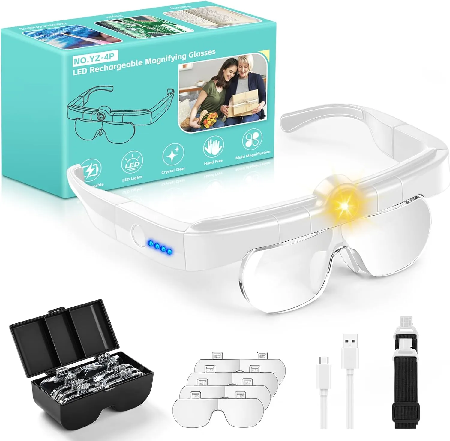Magnifying Glasses with Lights,Flip-up Rechargeable Hands Free Headband Magnifying Glasses for Close Work with 3 Color Temperature, 5X 3.5X 2.5X 1.5X Professional Jeweler's Loupe Lighted Magnifiers