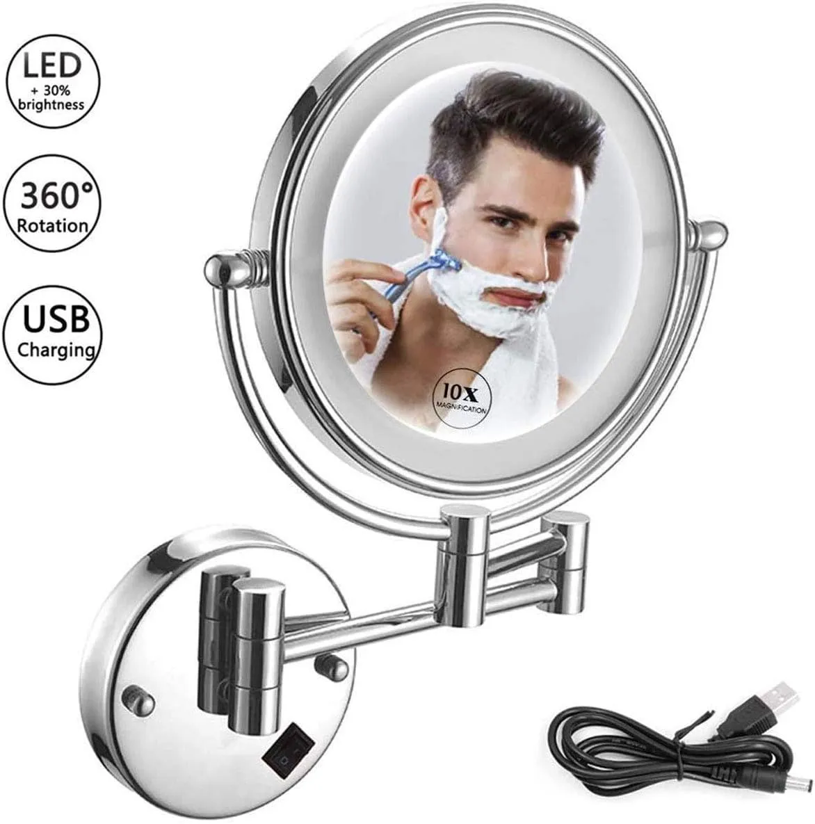 Magnifying Wall Mounted Makeup Mirror 10X, Double-Sided Makeup Mirror 8inch Makeup Mirror with Led Lights, 360 Rotation for Makeup, Shaving, Facial Care,USB Rechargeable