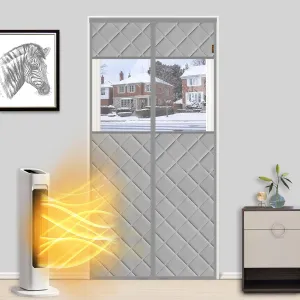 MAGZO Magnetic Thermal Insulated Door Cover Curtain with Perspective Window 32" x 80", Upgraded Oxford Filled with Thicken Cotton, Screen Insulation Blanket for Winter/Sliding Glass/Patio Doors, Grey