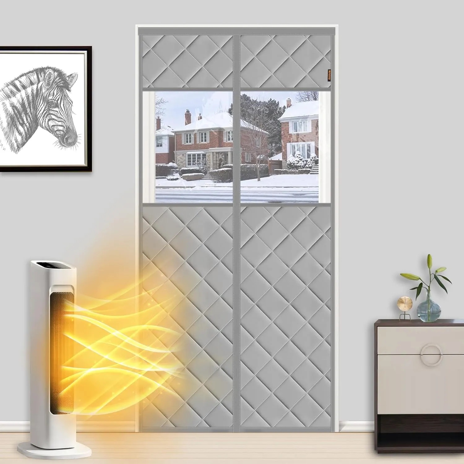 MAGZO Magnetic Thermal Insulated Door Cover Curtain with Perspective Window 32" x 80", Upgraded Oxford Filled with Thicken Cotton, Screen Insulation Blanket for Winter/Sliding Glass/Patio Doors, Grey
