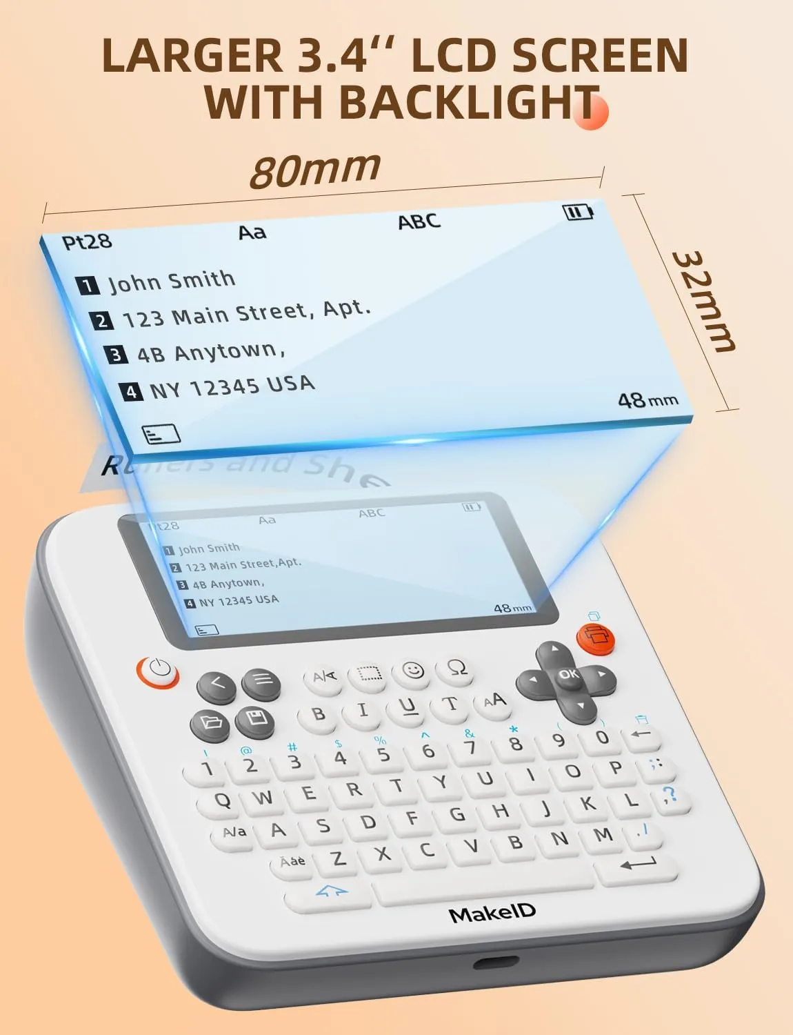 Makeid Label Maker E1, Bluetooth Rechargeable Label Maker Machine, QWERTY Keyboard Labeler, 3.4" Backlighting LCD Screen, Prints 9~16 mm