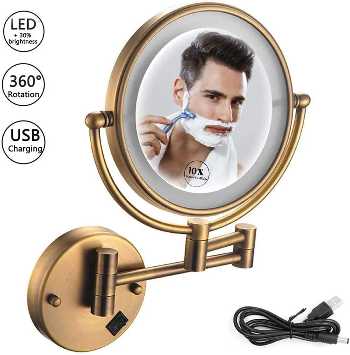 Makeup Mirror 10X Double-Sided Makeup Mirror 8inch Makeup Mirror with Led Lights 360 Rotation for Makeup USB Rechargeable(Antiquecopper)