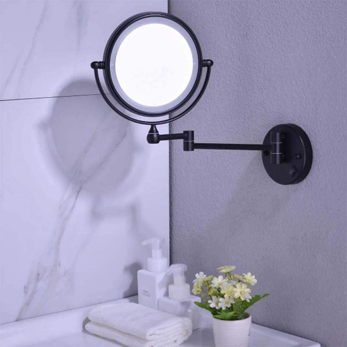 Makeup Mirror Black, 8 Inch with 10X Magnification and LED Light Vanity Mirror, 360 Degree Swivel Rotation (Size : 10X)